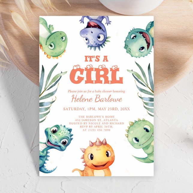 Cute Dinosaur.. Det är en flicka babyskor Inbjudningar (Cute Dinosaur It's A Girl Baby Shower Invitation)