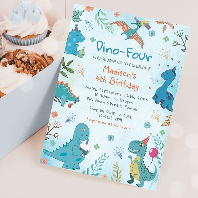 Cute Dinosaur Dino Fyra 4e födelsedagen Party Inbjudningar (Skapare uppladdad)