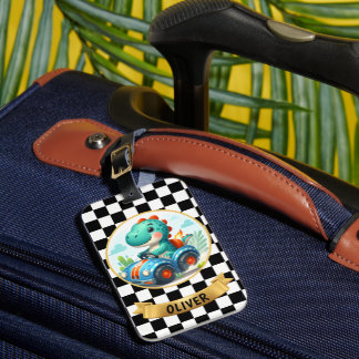 Cute Dinosaur Driving a Race Car Bagagebricka