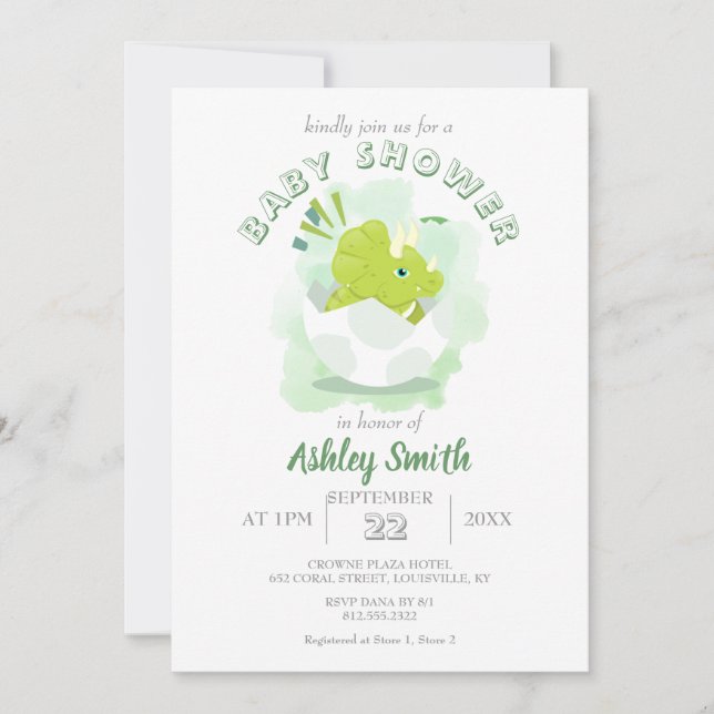 Cute Dinosaur Egg Grönt Vattenfärgsbabyskor Inbjudningar (Framsida)