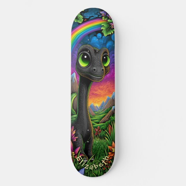 Cute Dinosaur Fantasy Mountains Cool Children Art Mini Skateboard Bräda 18,5 Cm (Framsida)