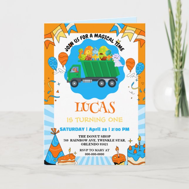 Cute Dinosaur färglös födelselokal sopor lastbil Inbjudan (Framsida)