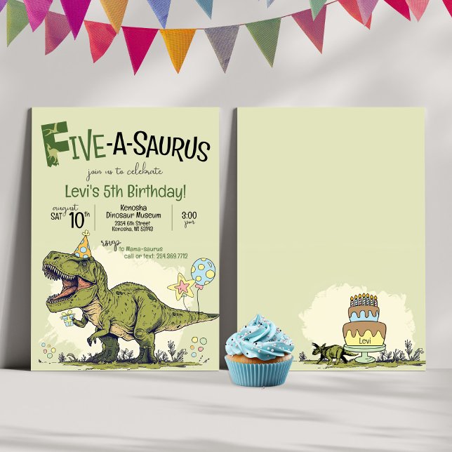 Cute Dinosaur Fem-A-Saurus femte Födelsedagsfesten Inbjudningar (Cute Dino Cartoon T-Rex Dinosaur theme Five-A-Saurus Fifth 5th birthday party invitation, green, boy)