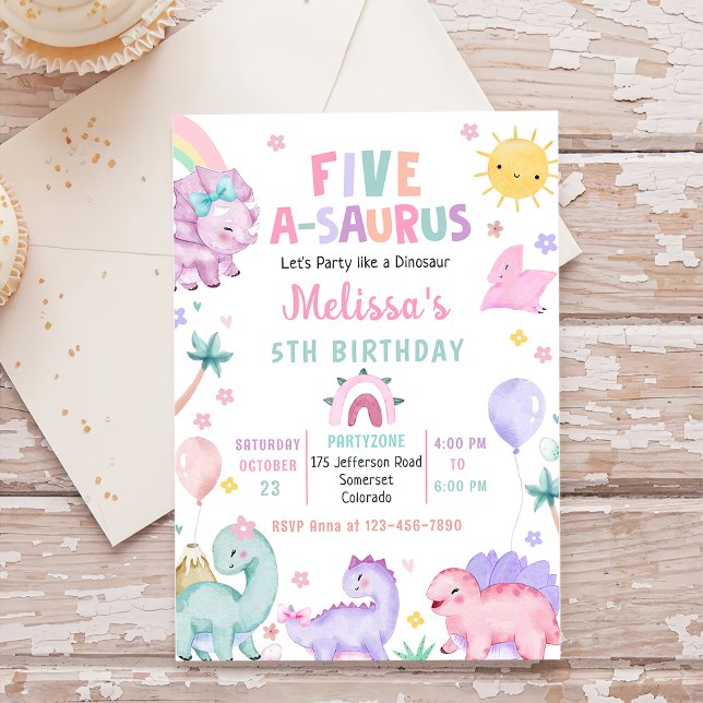 Cute Dinosaur Fem-A-Saurus femte Födelsedagsfesten Inbjudningar (Skapare uppladdad)