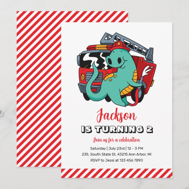 Cute Dinosaur Firefighter Kids Dino Birthday Inbjudningar (Fram/baksida)