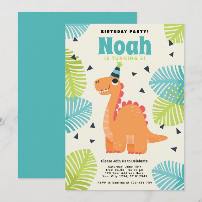Cute Dinosaur Födelsedagsfest inbjudan (Fram/baksida)