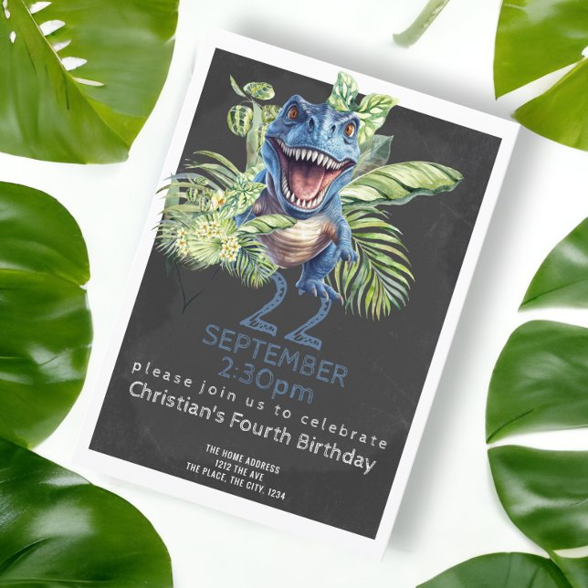 Cute Dinosaur Födelsedagsfest Personlig Inbjudningar (Blue dinosaur birthday party invitation. Birthday invites from Ricaso. Printed or downloadable)