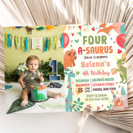 Cute Dinosaur Four-A-Saurus 4e födelsedagen Photo Inbjudningar