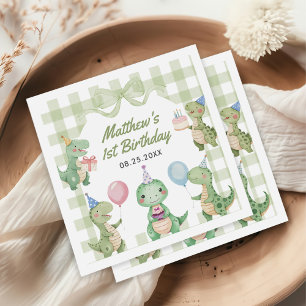 Cute Dinosaur Gingham 1st Birthday Party Pappersservett