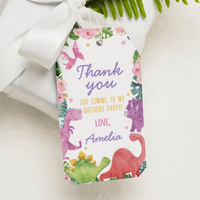 Cute Dinosaur Girl Födelsedagsfest Tack Märkre Presentetikett (Skapare uppladdad)