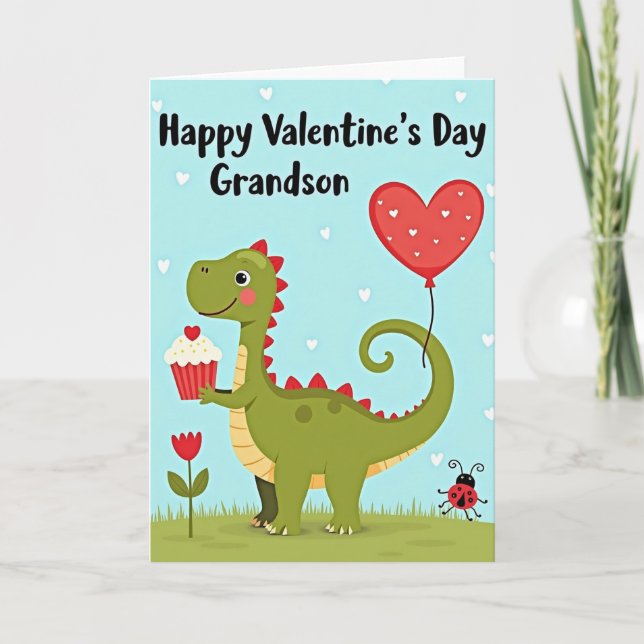 Cute Dinosaur Grandson Valentine Card Kort (Framsida)