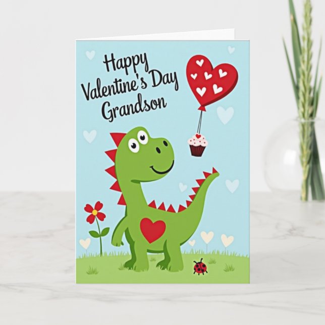 Cute Dinosaur Grandson Valentines Card Kort (Framsida)