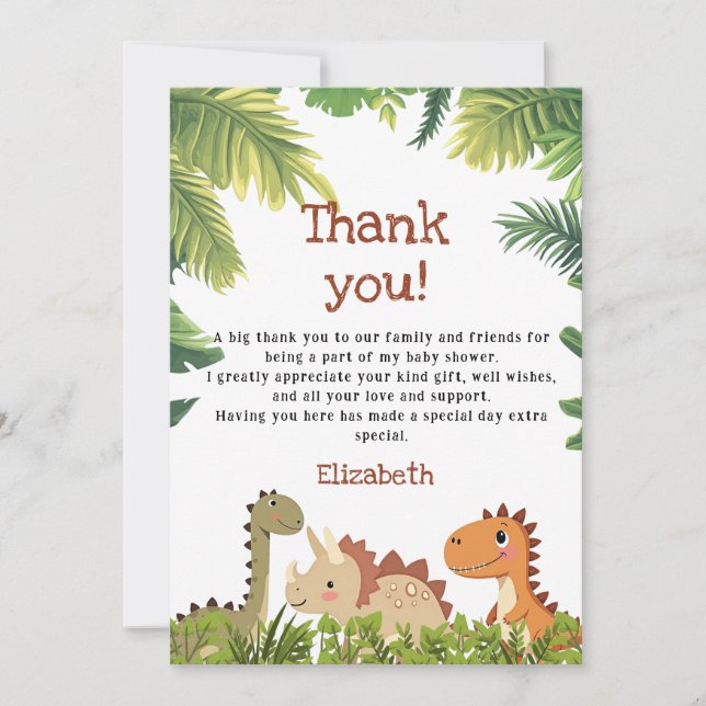 Cute Dinosaur Greenery Baby Shower Tack Kort (Framsida)