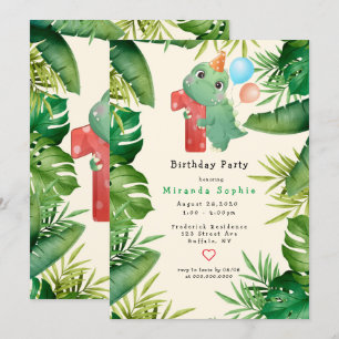 Cute Dinosaur Grönt Löv 1:a födelsedagen Party Inbjudningar