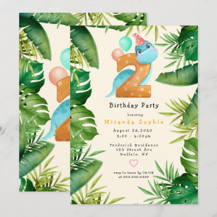 Cute Dinosaur Grönt Löv 2:a födelsedagen Party Inbjudningar
