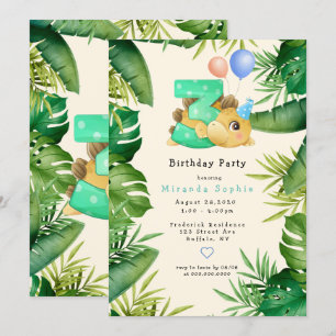 Cute Dinosaur Grönt Löv 3:e födelsedagen Party Inbjudningar