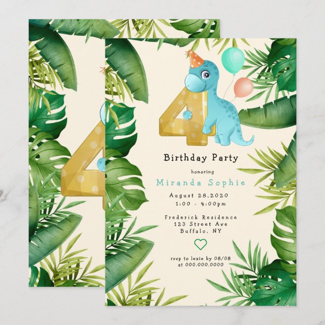 Cute Dinosaur Grönt Löv 4e födelsedagen Party Inbjudningar (Fram/baksida)