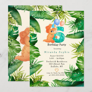 Cute Dinosaur Grönt Löv 6e Födelsedagsfest Inbjudningar