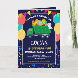 Cute Dinosaur Grönt sopor lastbil födelselpojke Inbjudan