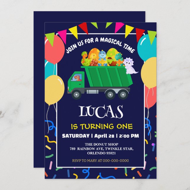 Cute Dinosaur Grönt sopor lastbil födelselpojke Inbjudningar (Fram/baksida)