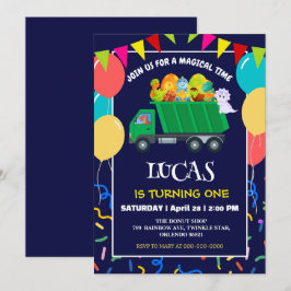 Cute Dinosaur Grönt sopor lastbil födelselpojke Inbjudningar