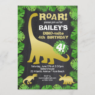 Cute Dinosaur Guld Tropical Chalkboard födelsedag Inbjudningar