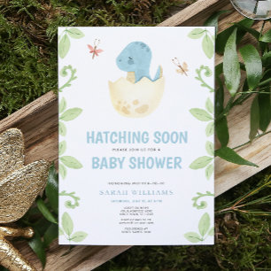 Cute Dinosaur Hatching Soon Blue Boy Shower Inbjudningar