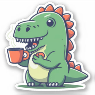 Cute Dinosaur Holding a Kopp of Coffee Klistermärken