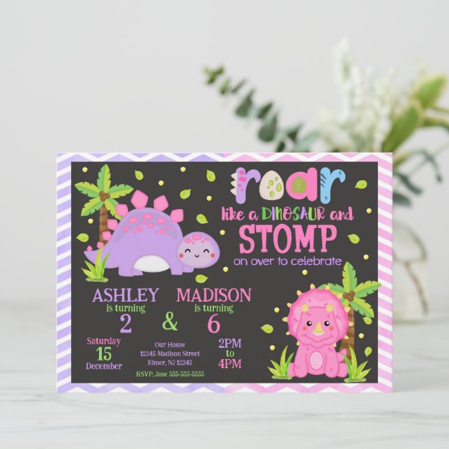 Cute Dinosaur Joint Birthday  Inbjudningar (Stående Fram)