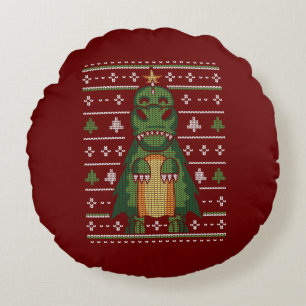 Cute Dinosaur Julgran Ugly Sweater Design Rund Kudde