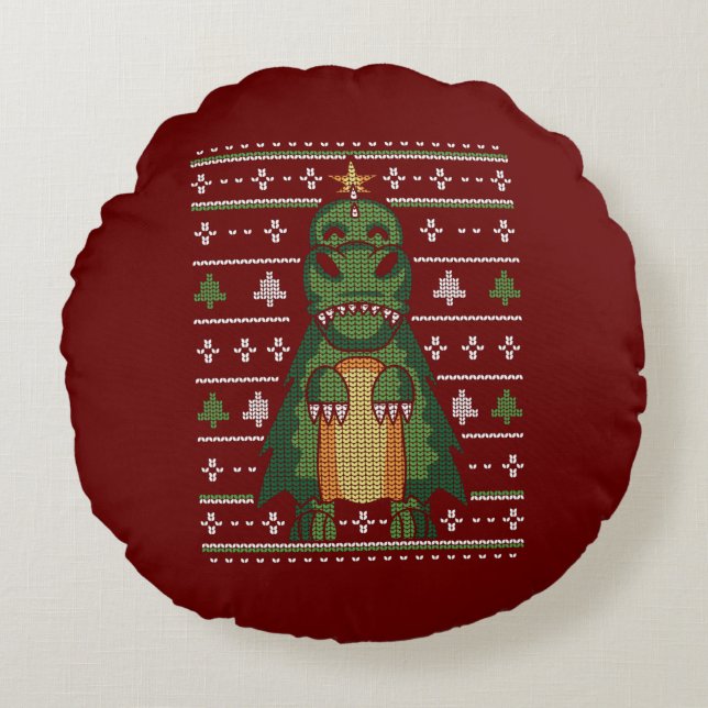 Cute Dinosaur Julgran Ugly Sweater Design Rund Kudde (Framsidan)