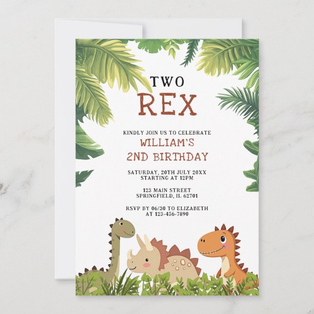 Cute Dinosaur Jurassic två Rex 2:a födelsedagen Pa Inbjudningar (Framsida)