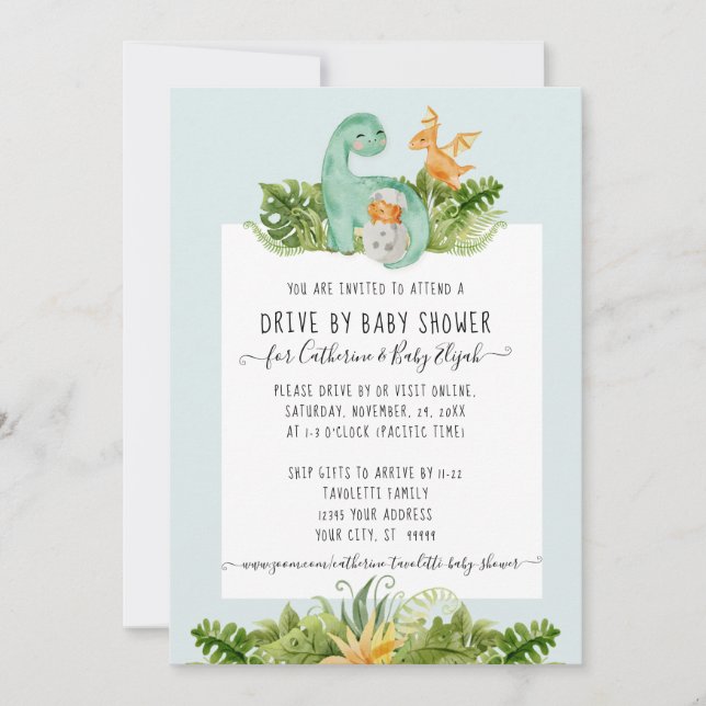 Cute Dinosaur Mamma Foliage Baby Drive by Shower I Inbjudningar (Framsida)