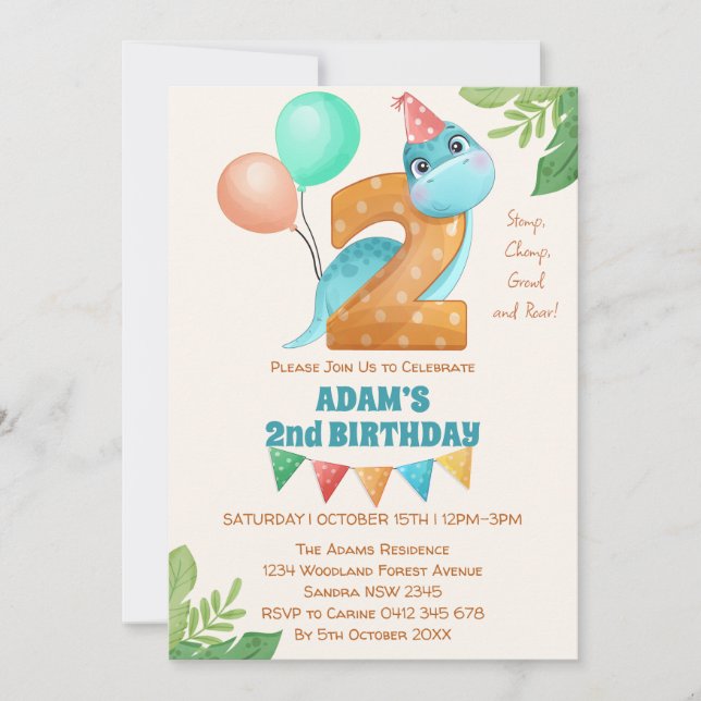 Cute dinosaur med ballonger 2:a födelsedag inbjudningar (Framsida)
