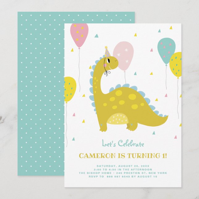 Cute Dinosaur med färgstarka ballonger Barns födel Inbjudningar (Fram/baksida)