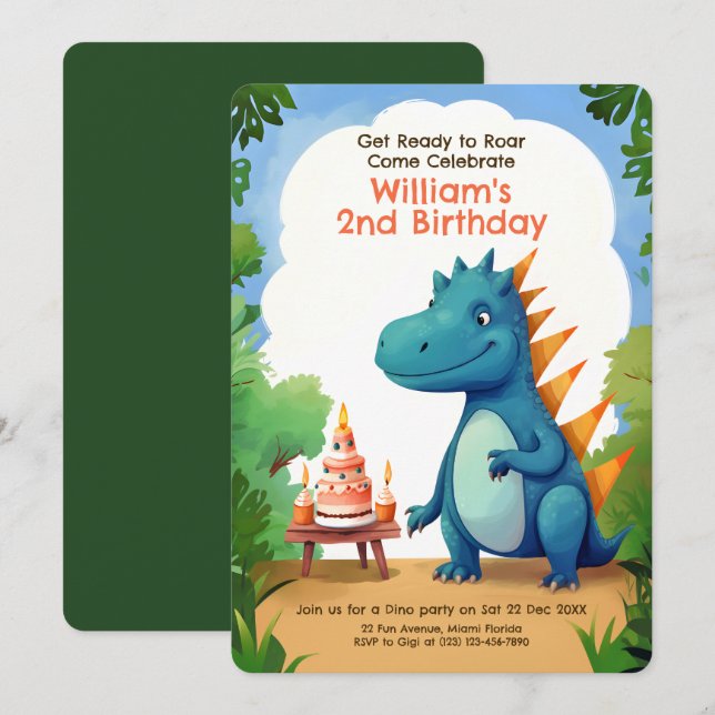 Cute Dinosaur med kummel | Dino Barns födelsedag Inbjudningar (Fram/baksida)