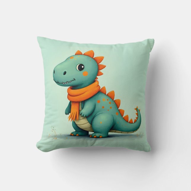 Cute Dinosaur med Orange Scarf Kudde (Framsida)