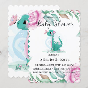 Cute Dinosaur med Rosa Peony Flicka Shower Inbjudningar