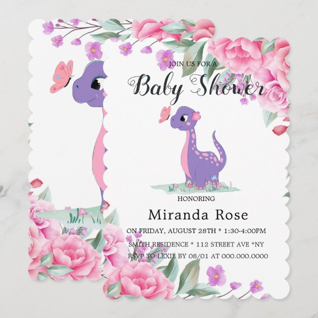 Cute Dinosaur med Rosa Peony Flicka Shower Inv. Inbjudningar (Fram/baksida)