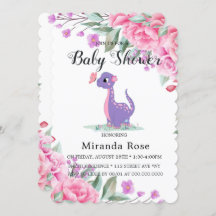 Cute Dinosaur med Rosa Peony Flicka Shower Inv.