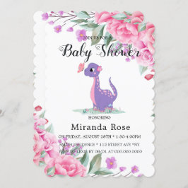 Cute Dinosaur med Rosa Peony Flicka Shower Inv. Inbjudningar
