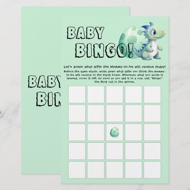 Cute Dinosaur med sin "Egg Baby Bingo Game Flyer" (Fram/baksida)
