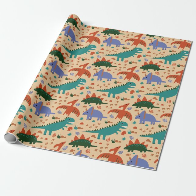 Cute Dinosaur Mönster Birthday Presentpapper (Utrullad)