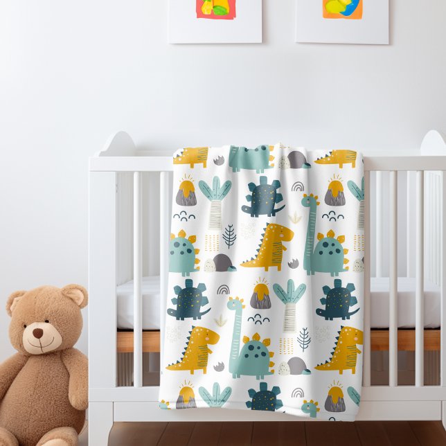 Cute Dinosaur Mönster Fleecefilt (Cute Dinosaur Pattern Fleece Blanket from Ricaso. Perfect for nursery or child's room. Yellow green)