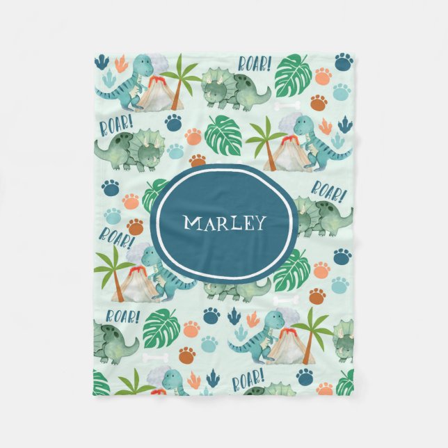 Cute Dinosaur Mönster Kids Monogram Fleecefilt (Framsidan)