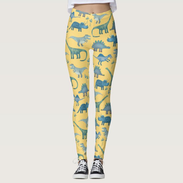 Cute Dinosaur Mönster på Gult Leggings (Framsida)