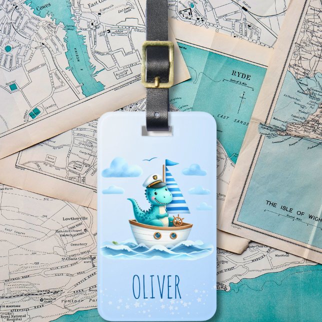 Cute Dinosaur Nautical Kapten Blue Bagagebricka (Skapare uppladdad)
