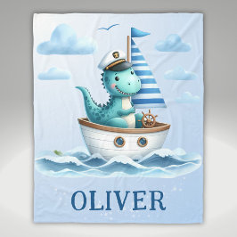 Cute Dinosaur Nautical Kapten Personlig Blue Fleecefilt