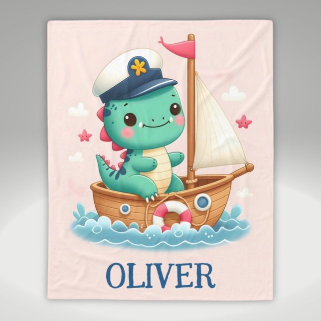 Cute Dinosaur Nautical Sailboat-kapten Fleecefilt (Skapare uppladdad)