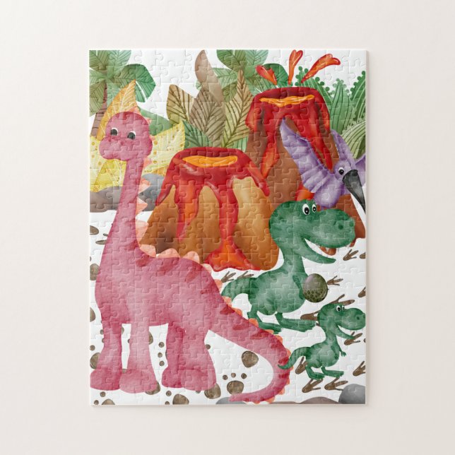 Cute Dinosaur och Erupting Volcano Puzzle Pussel (Vertikal)